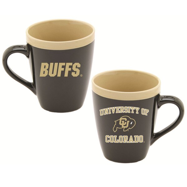 Black ceramic mug with tan interior, featuring BUFFS text on one side and University of Colorado with CU Buffaloes logo on the other.